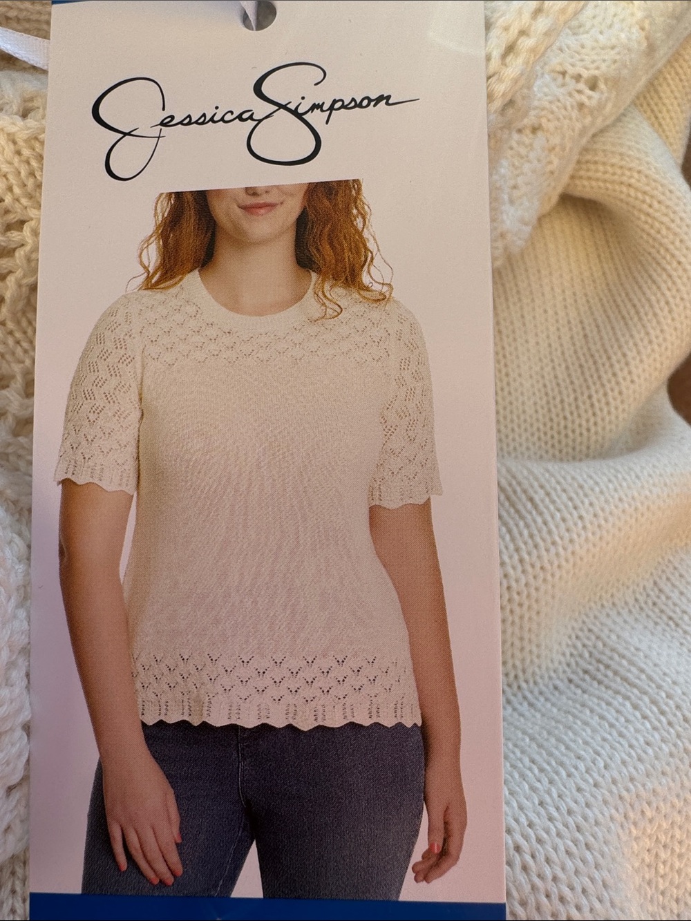 Jessica Simpson Cream Lace-Trim Knit Short Sleeve Top